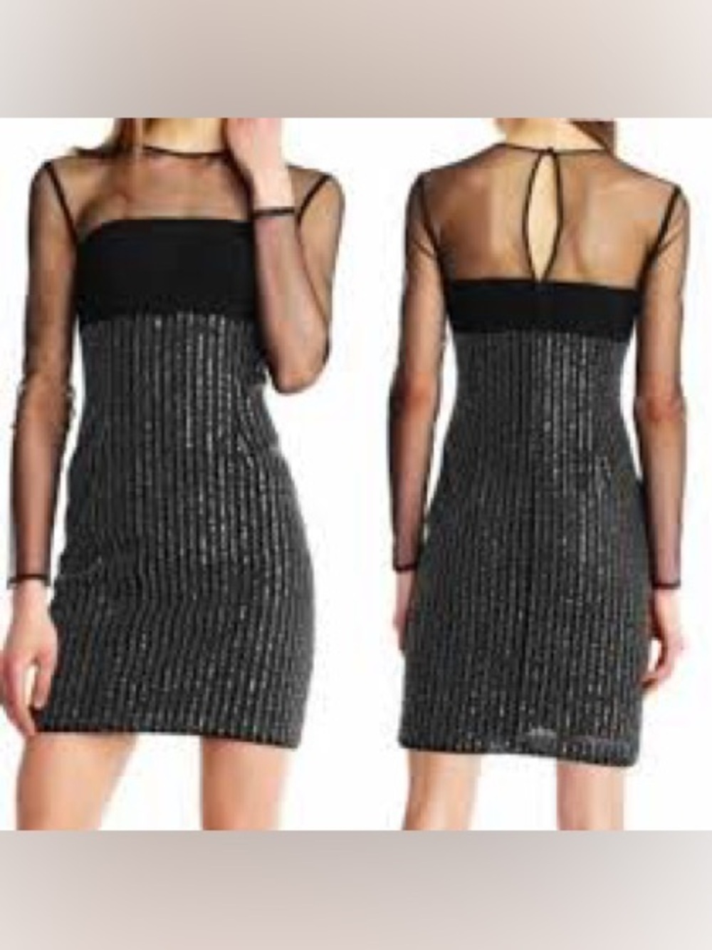 Aidan by Aidan Mattox Black Sequin-Striped Long Sleeve Mesh Dress